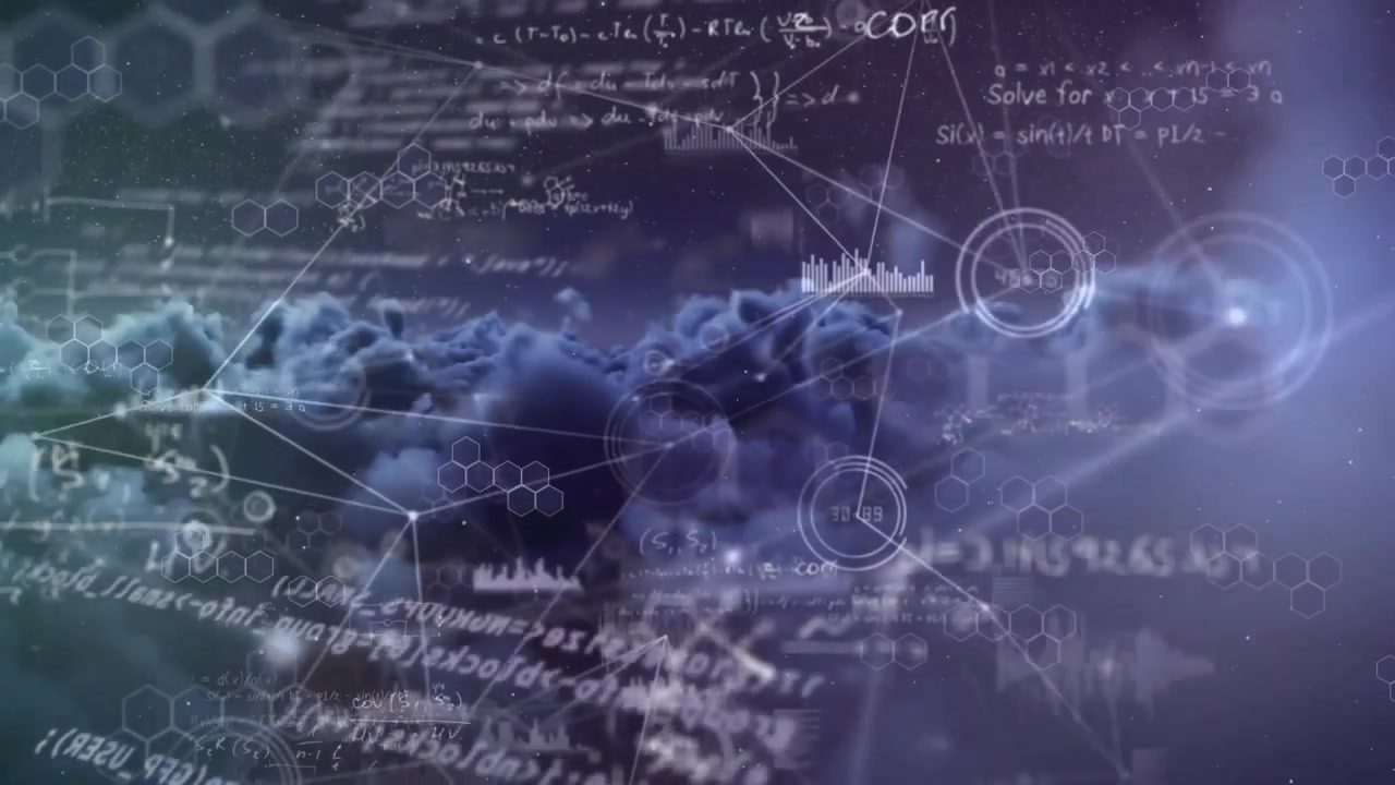 Animation of connected dots, graph icons, computer language over aerial view of dense clouds