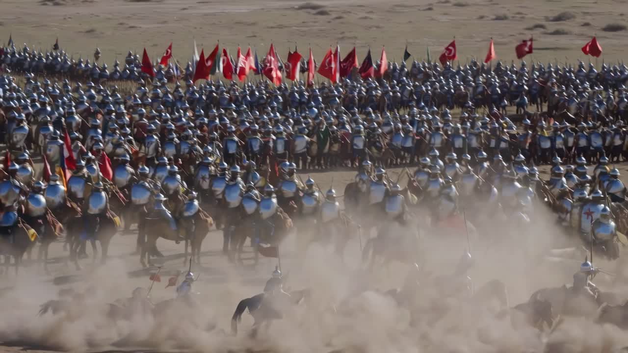 Epic battle scene with soldiers on horseback, captured from a high-angle, showcasing dynamic