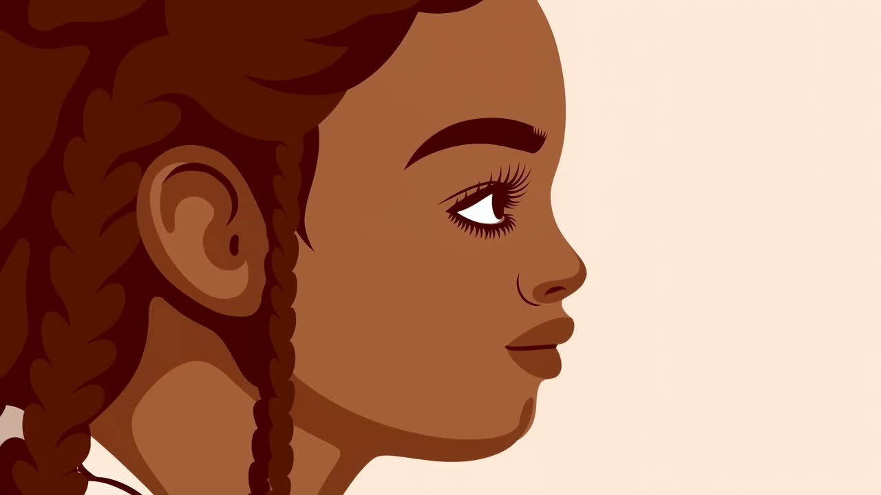 Profilportræt af ung pige med fletninger, nærbillede af tænksom studerende fra siden i illustration, varm beige
