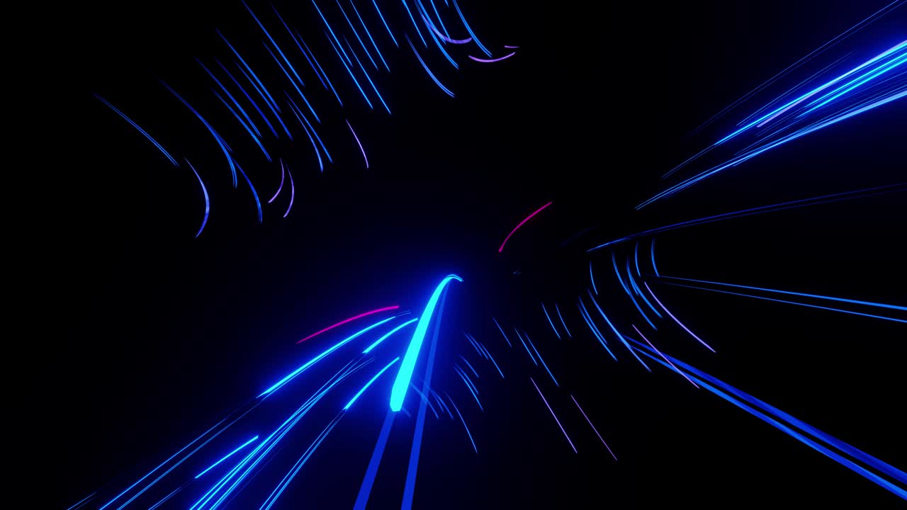 Light stripes moving fast over dark background and are reflected in the floor