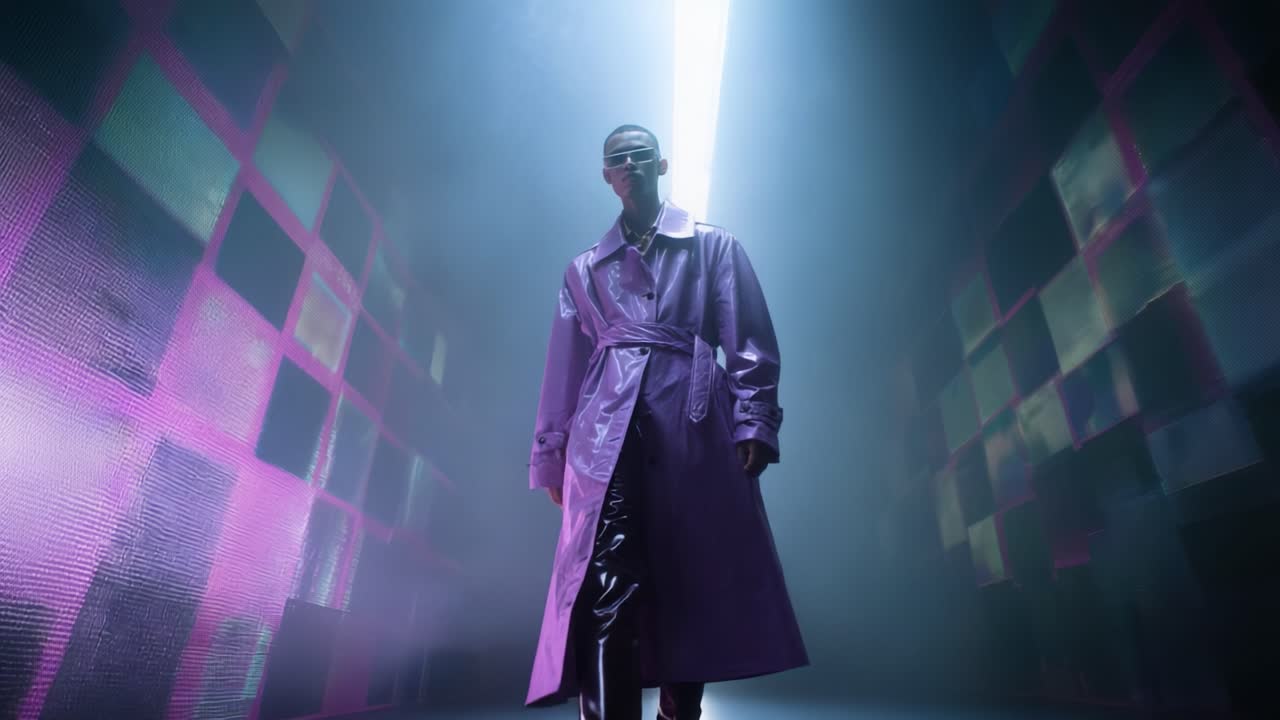 A striking model strides confidently through a futuristic corridor illuminated by vibrant neon lights, showcasing a stunning purple trench coat and modern fashion in a visually captivating environment