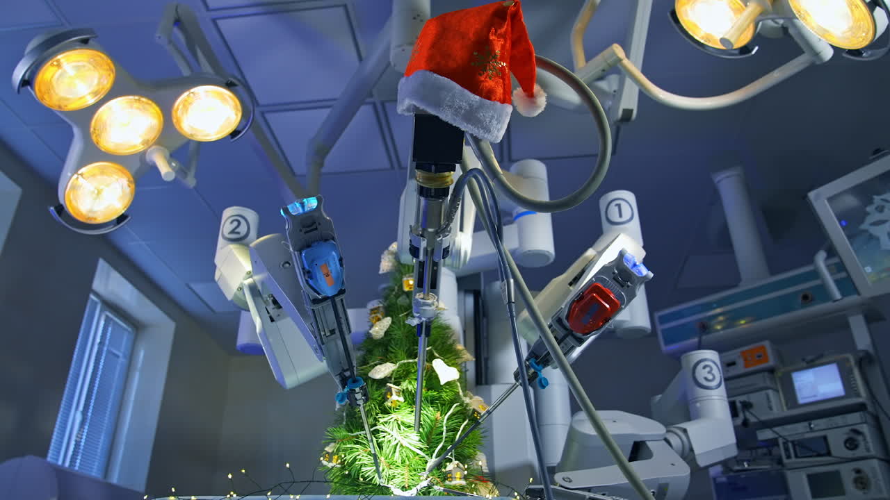 Robotic machine for making Christmas decor. Modern equipment decorating Christmas tree indoors. High-tech innovations.