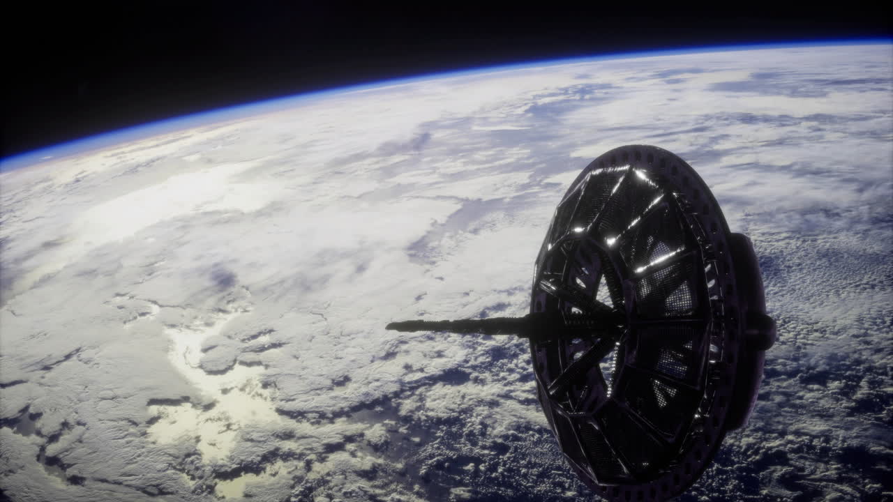 Satellite structure orbiting earth above the cloud cover during daylight hours