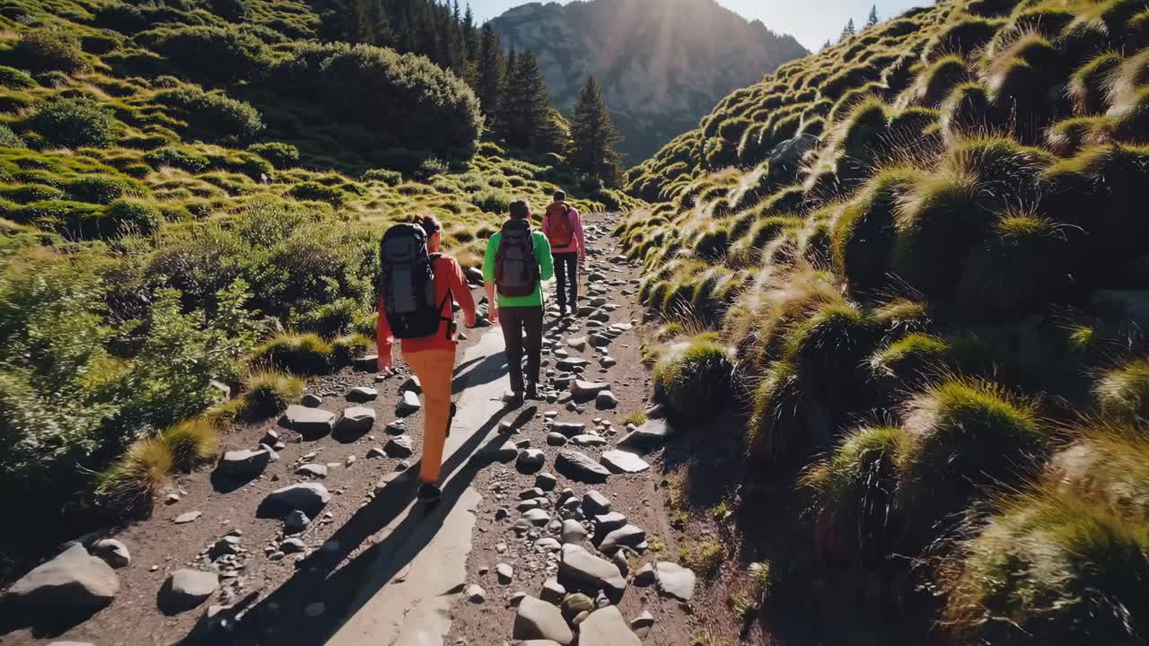 Video aereo di escursionisti su un sentiero roccioso di montagna, circondati da una vegetazione lussureggiante e dalla luce del sole