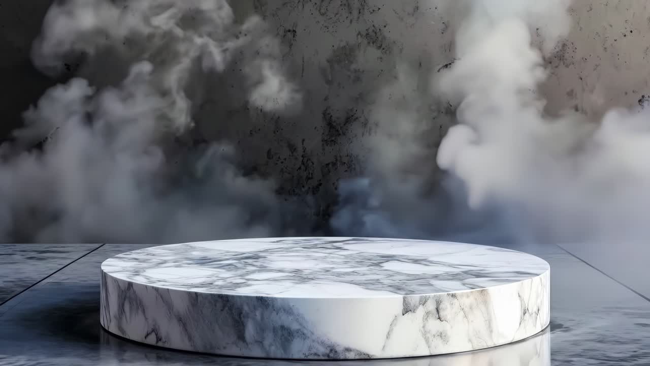 una mesa redonda de mármol blanco sentada en la parte superior de un piso de hormigón