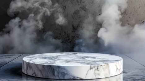 a round white marble table sitting on top of a concrete floor