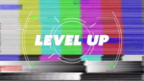 Animation-of-level-up-text-and-scope-with-multicoloured-pattern-moving-on-seamless-loop
