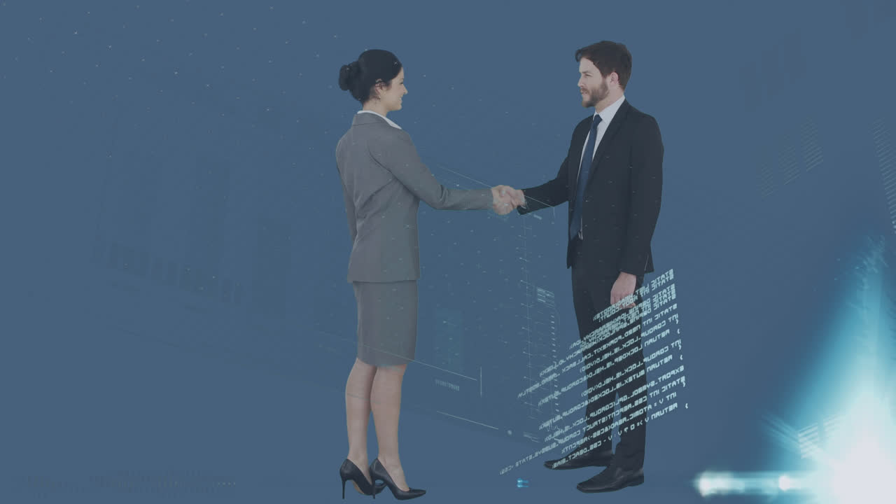 Animazione di elaborazione di dati finanziari su persone d'affari caucasiche che si stringono la mano
