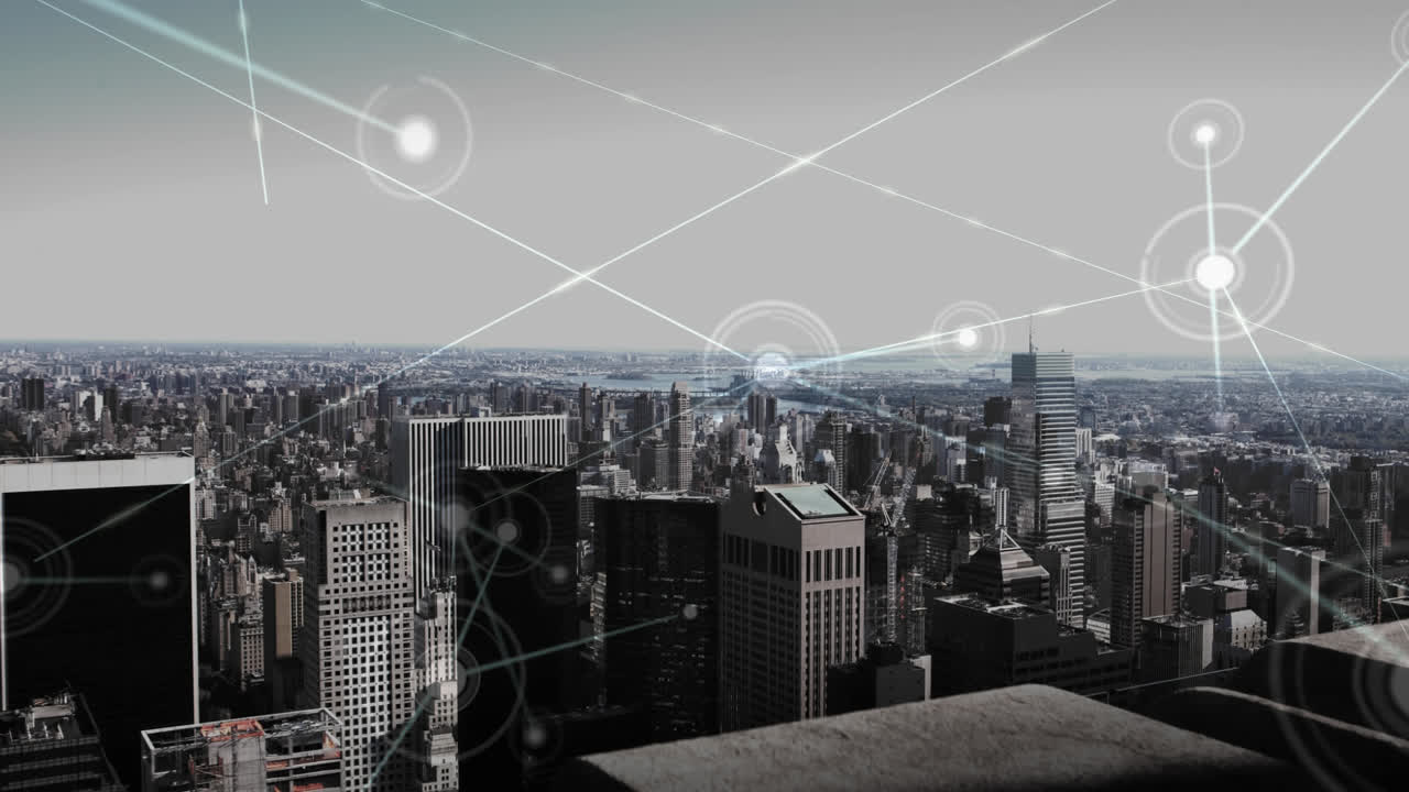 Aerial view of city skyline with data connections