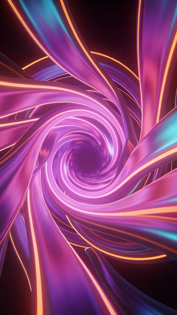 Vertical video: Starting animation tightening glossy ribbons toward funnel in CGI void neon edges