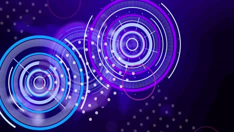 animación digital de un punto de luz sobre varios escáneres redondos de neón que giran contra un fondo azul