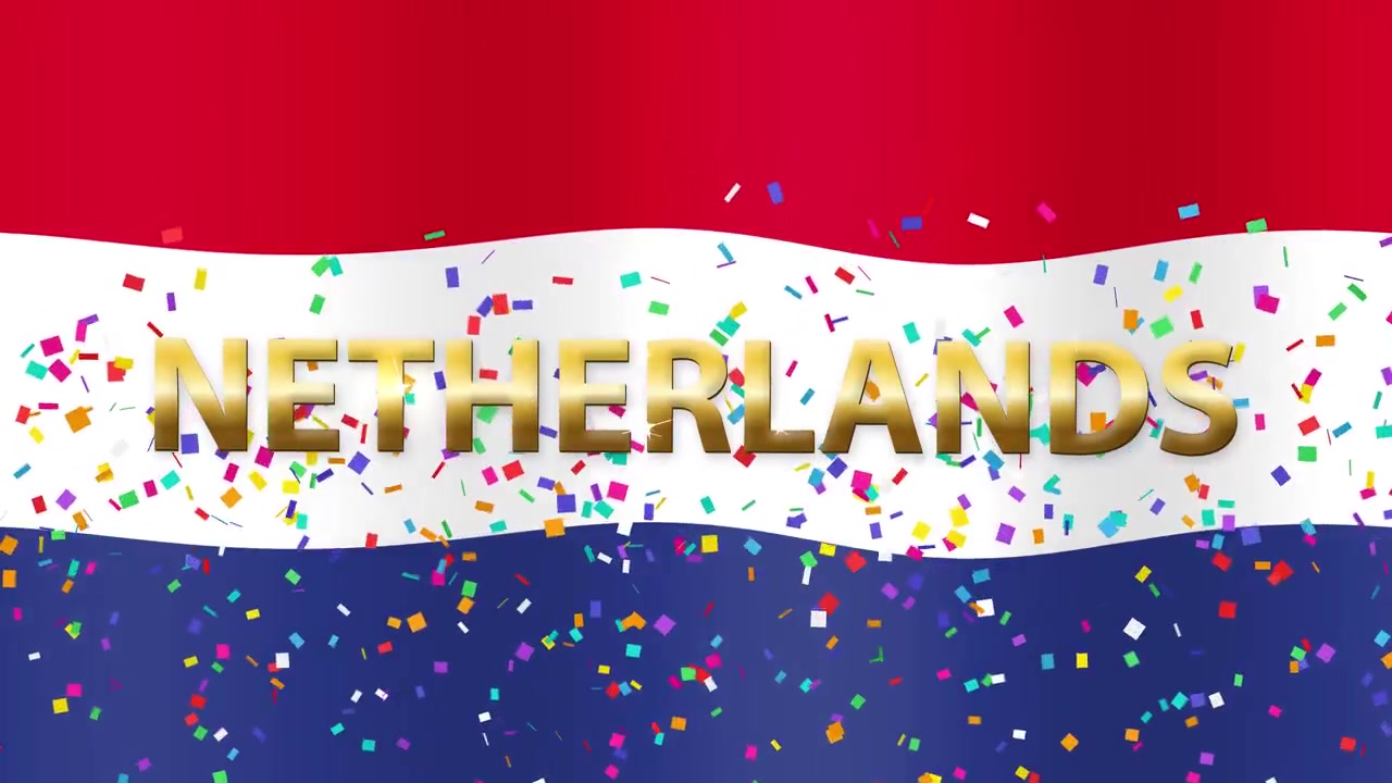 Een achtergrond met een wapperende Nederlandse vlag toont gouden tekst en kleurrijke vallende confetti in een lus