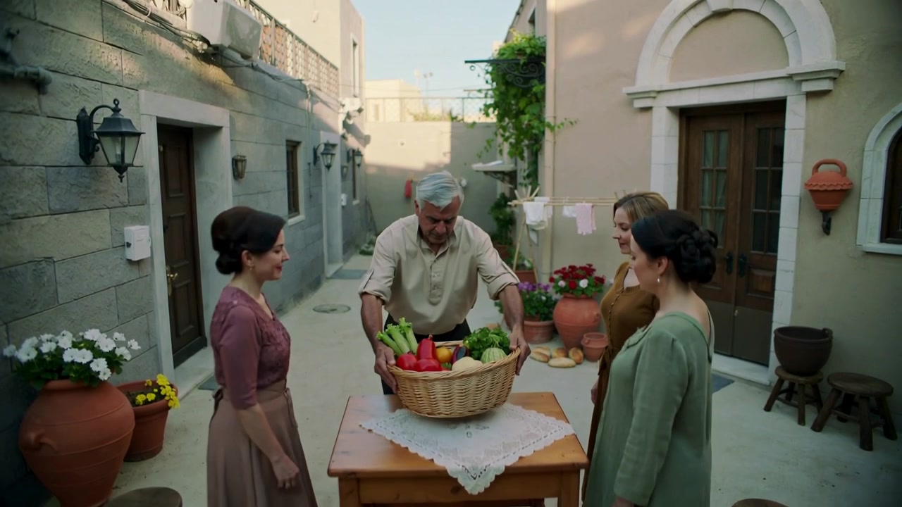 Ayakkabılı, örgü sepet tutan yaşlı bir kişi avlu masasına yemek getirirken, kadınlar bakıyor.