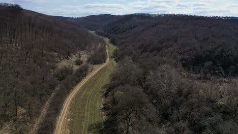 Aerial-view-from-forest-in-winter,-dirt-road