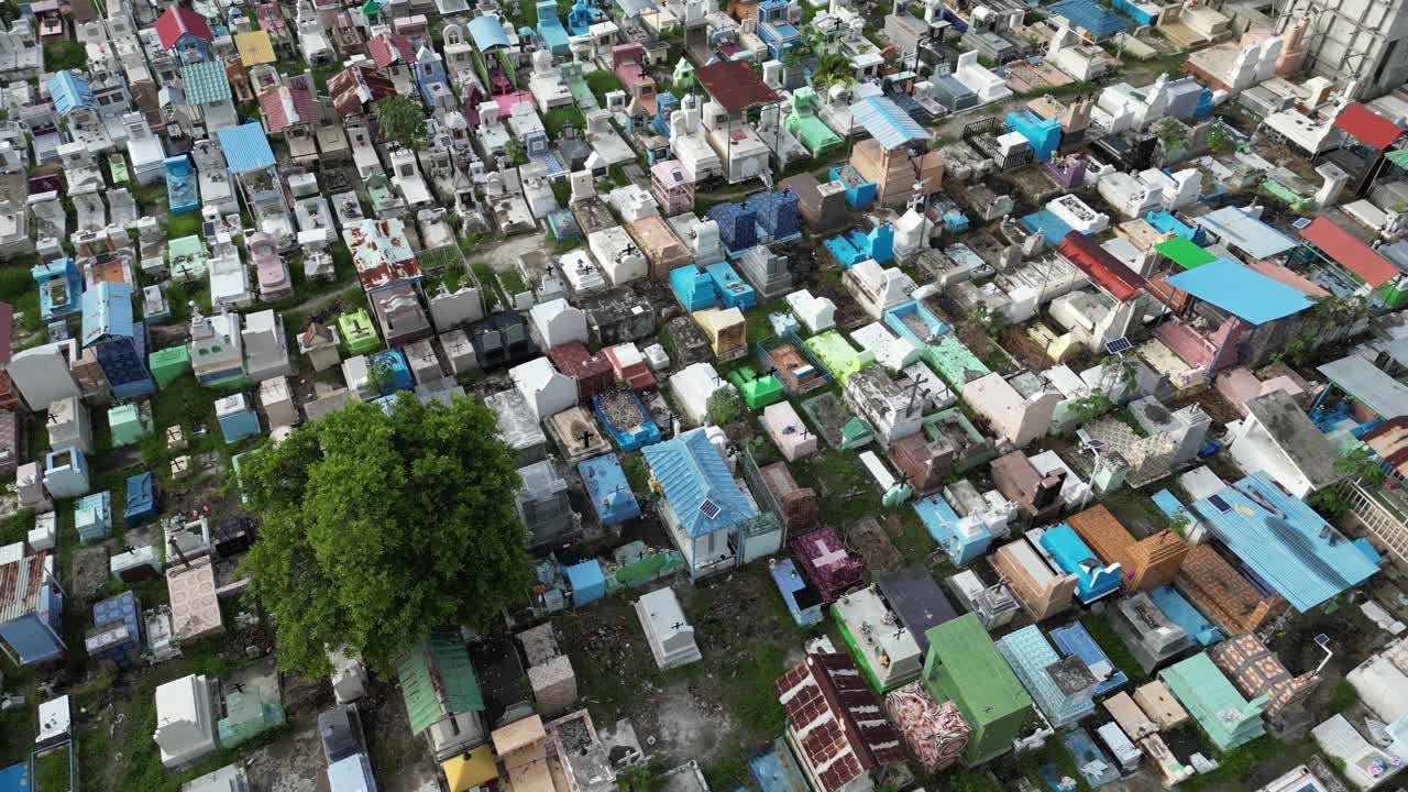 Aerial view of Santa Cruz Cemetery in Dili, Timor-Leste, with dense structures