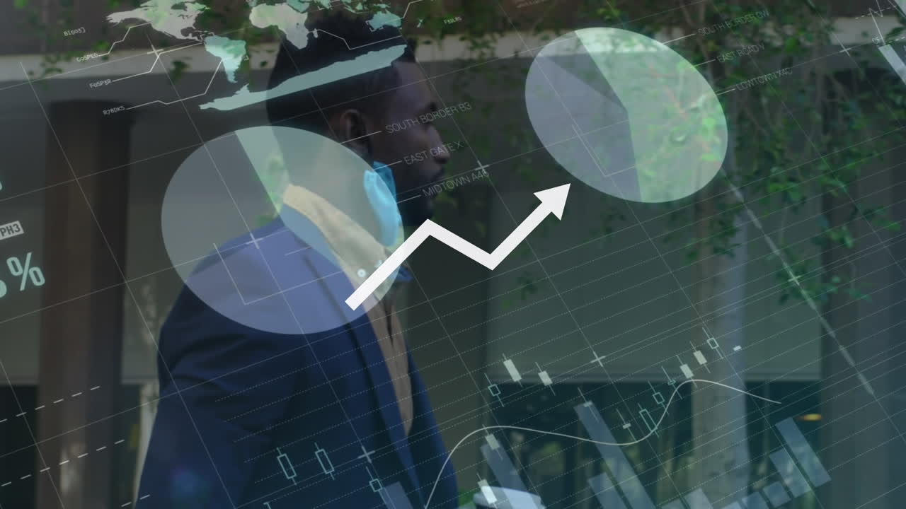 Animation of data processing over african american businessman with face mask