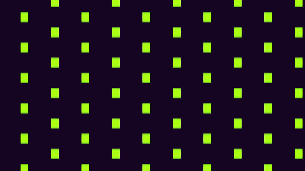 Abstract seamless animation of neon green squares arranged in a geometric grid on a dark background, ideal as a modern motion background for tech videos, presentations and visuals