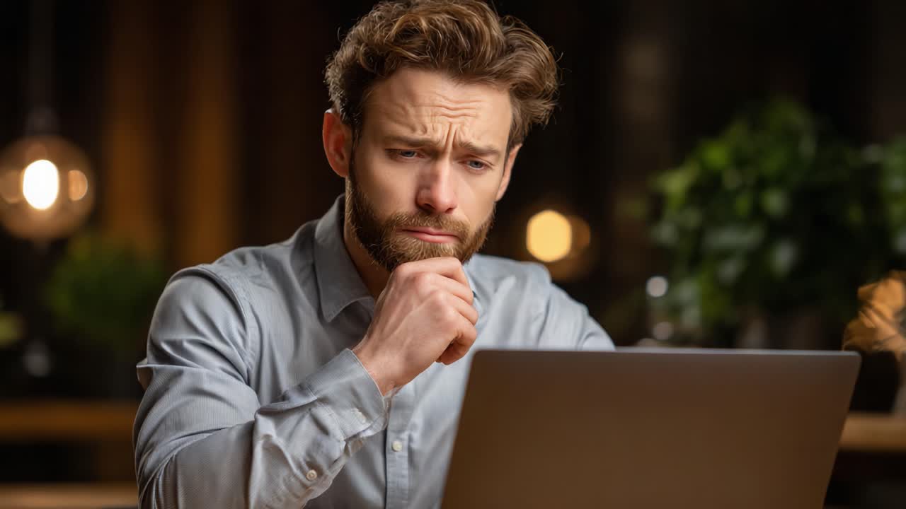 A Thoughtful Man Engaged Deeply with His Laptop, Contemplating Ideas and Decisions in a Cozy, Dimly Lit Environment, Reflecting on Work or Personal Goals