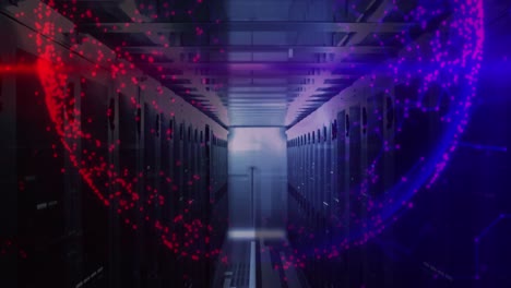 animation of shapes moving and globe over server room