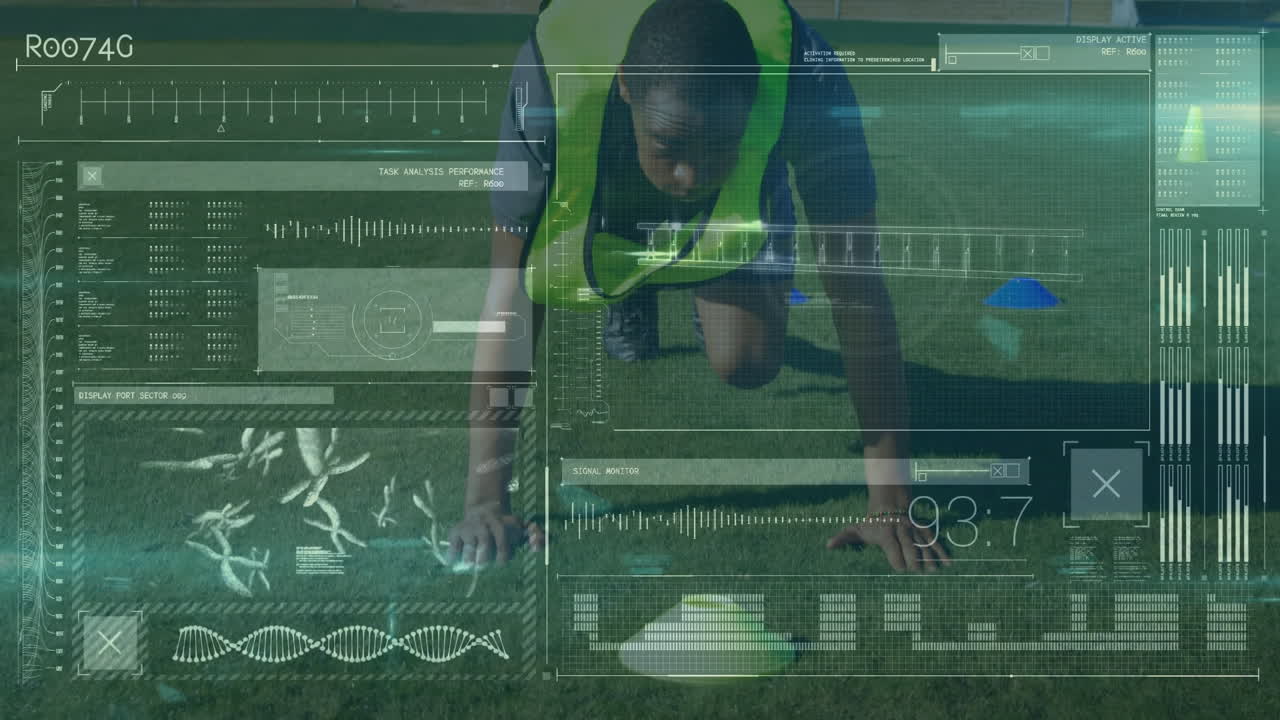 procesamiento de datos contra un jugador de fútbol afroamericano que realiza un ejercicio de flexión