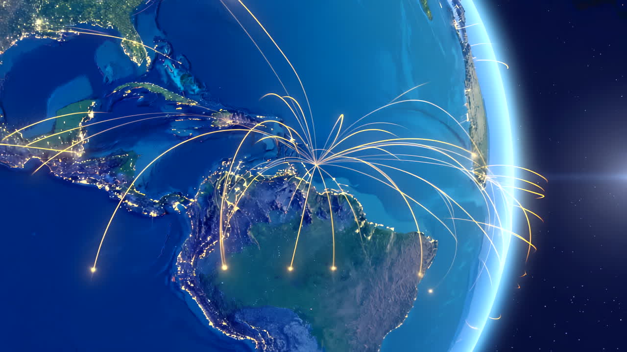 Abstract animation of glowing trade routes moving across world map. Global business connections, logistics and data flow concept. Clean and cinematic background