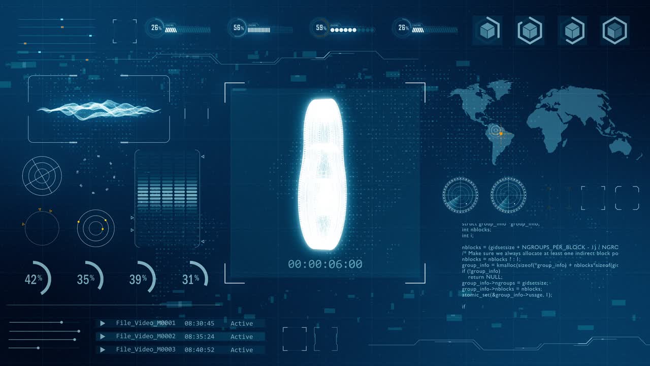 하드업 디스플레이 (hud) 배경과 미래 기술 추상적인 배경 네트워크 보안 개념을 가진 파란색 디지털 3d 키 로고의 모션 그래픽