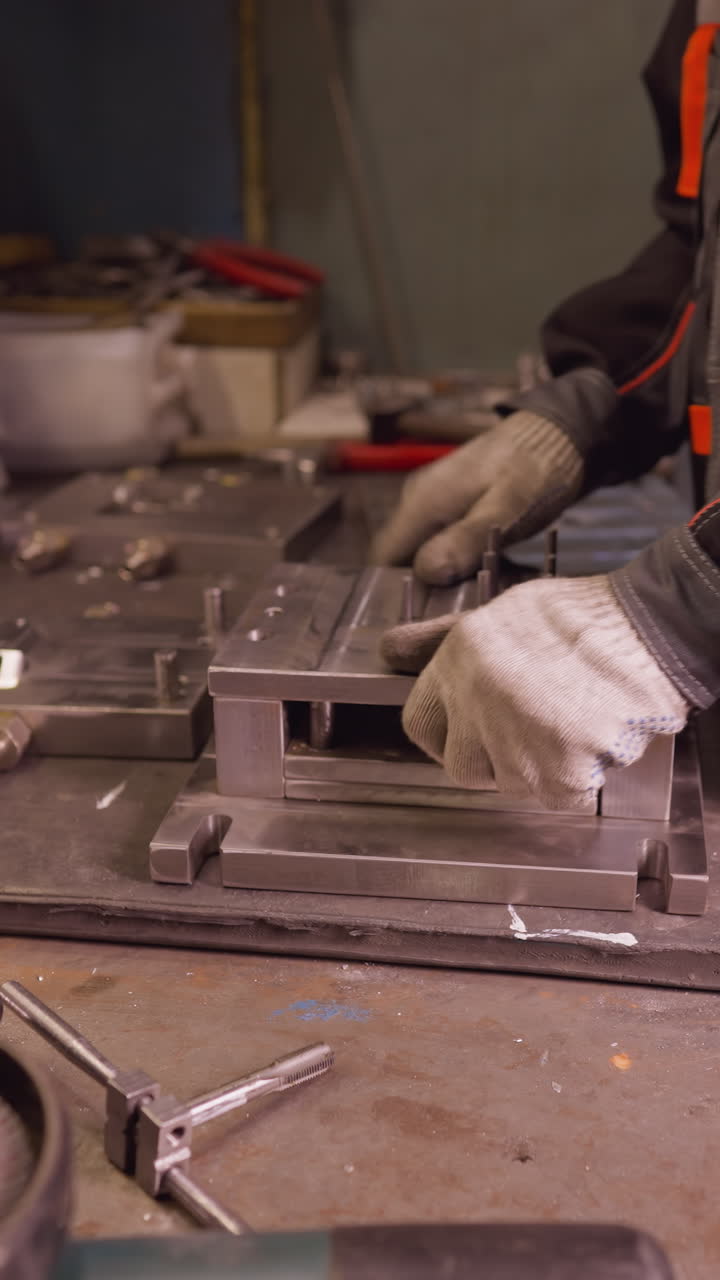 trabajador industrial con guantes montando piezas metálicas en maquinaria en un taller de fabricación