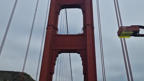 driving under tower of golden gate bridge, point of view, san francisco, california usa