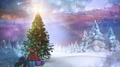 animación de nieve cayendo sobre el árbol de navidad y el paisaje de invierno