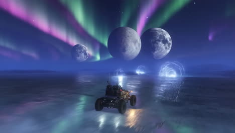 futuristic rover on an alien planet with multiple moons and aurora borealis