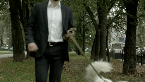 businessman running with big white dog in alley of green trees, autumn