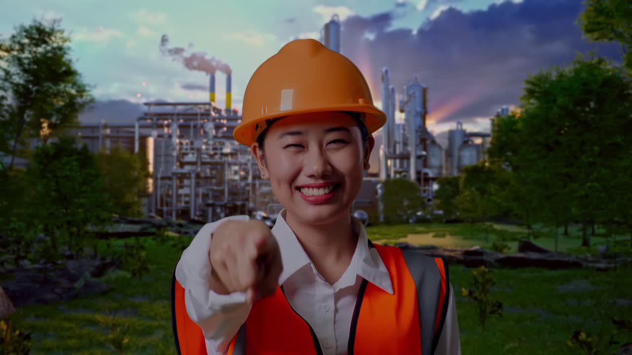 Close Up Of Asian Female Engineer With Safety Helmet Smiling And Touching Her Chest Then Pointing At You While Standing In Front Of Oil Refinery