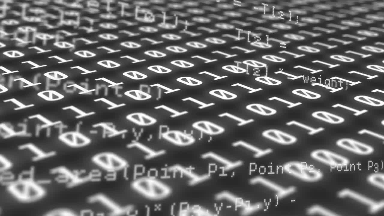 Digital animation of data processing against binary coding data processing on grey background