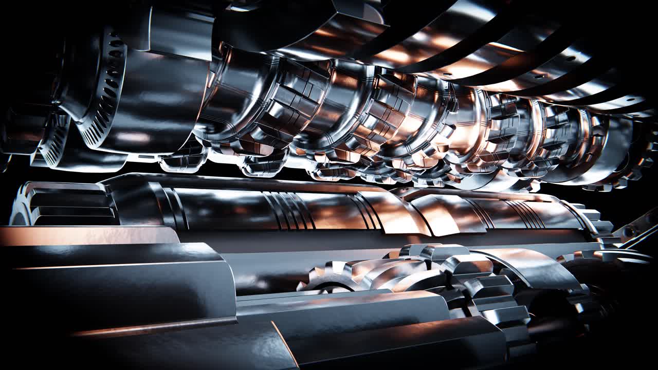 Close-up View of Rotating Metallic Gears and Machinery