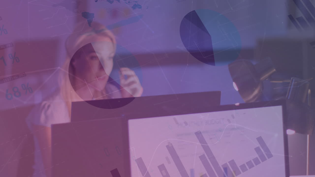 animación del procesamiento de datos financieros sobre una mujer de negocios caucásica
