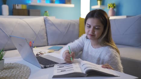 young girl studying is happy and cheerful.