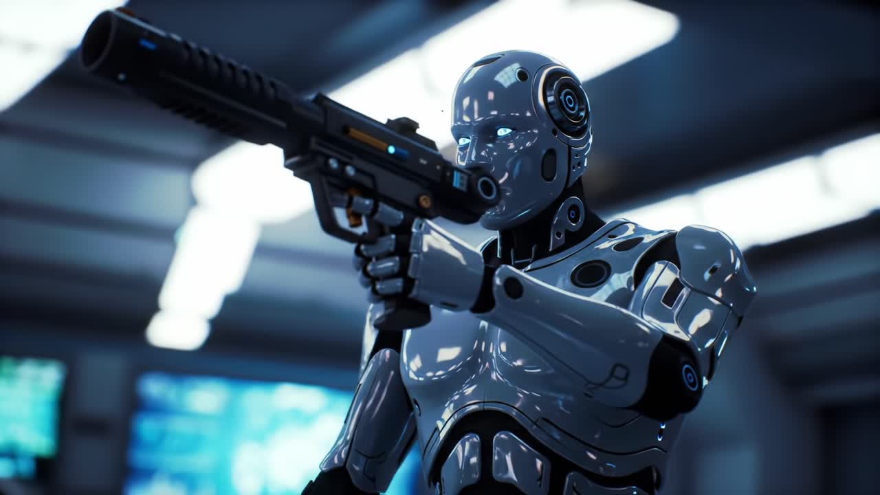 Futuristic Robot Holding Weapon: An Intriguing Encounter in Advanced Technology Realm with a Sophisticated Cyborg Prepared for Action
