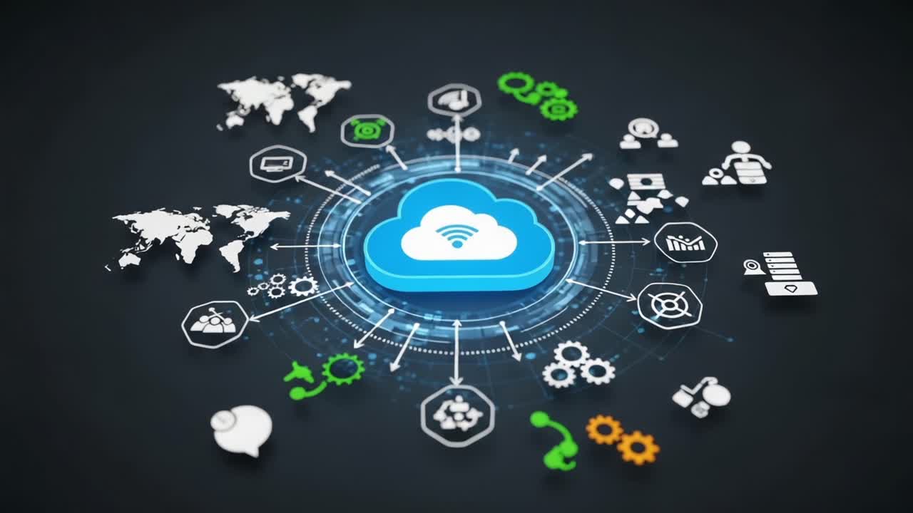 Una visualizzazione della tecnologia cloud con rappresentazioni iconiche di connettività dati, networking e flusso di informazioni in un moderno ambiente digitale