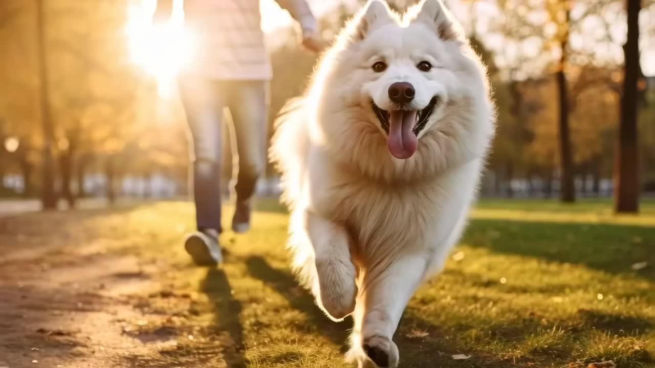 A joyful dog runs towards the camera in a low-angle shot, capturing a warm, sunlit autumn scene