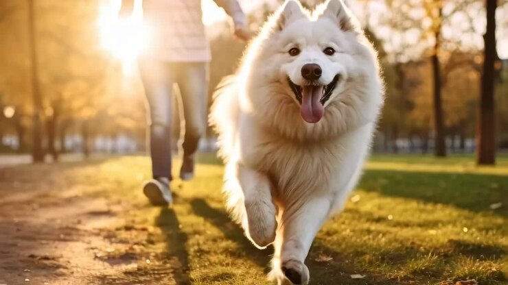 Un cane felice corre verso la fotocamera in una ripresa dal basso che cattura una calda scena autunnale illuminata dal sole
