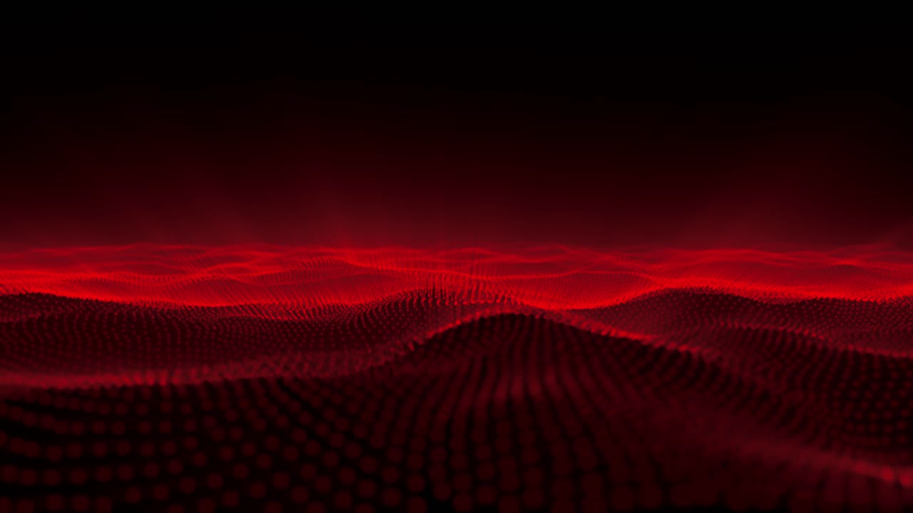 A digital landscape of red particles forms a flowing, wavy grid on a black background. For technology, danger, or sci-fi concepts. Seamless loop