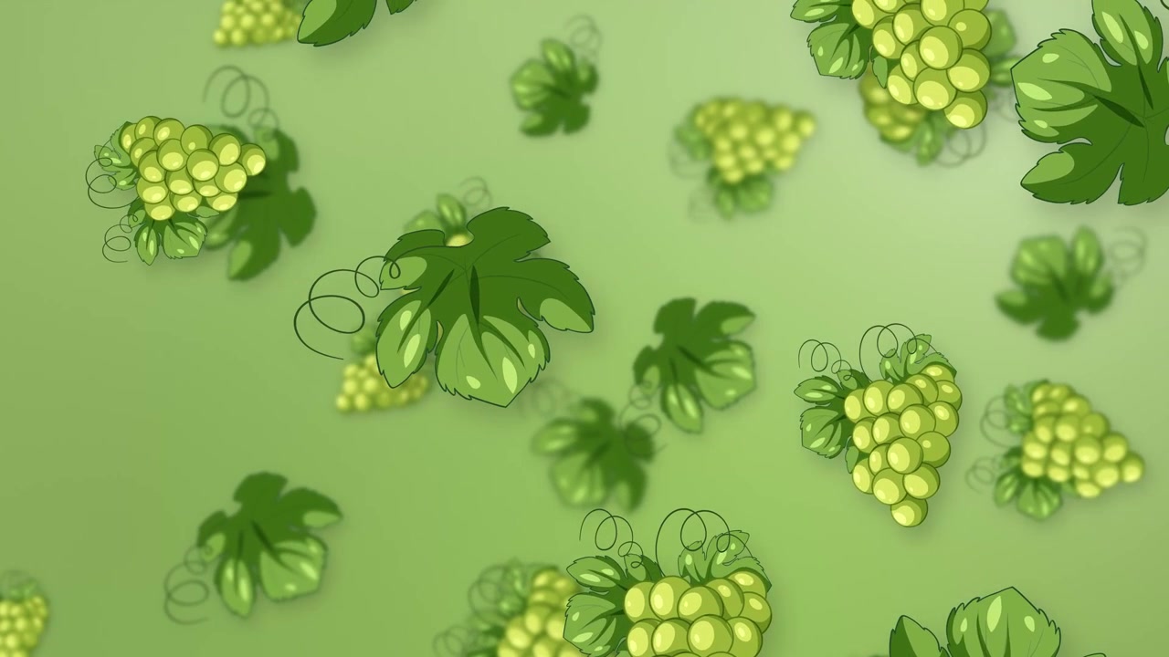 Grappoli d'uva verdi stilizzati e foglie cadono lentamente su uno sfondo a rete verde morbido e sfumato.