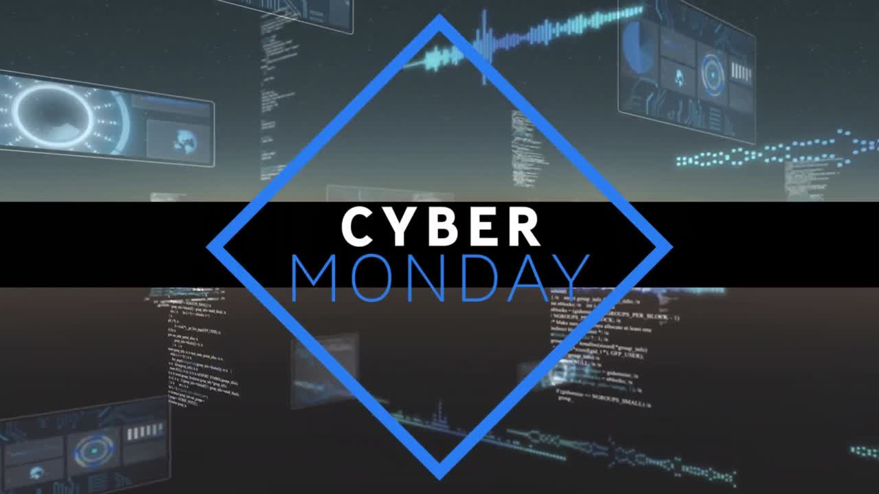 Digital animation of cyber monday text banner against multiple round scanners and data processing