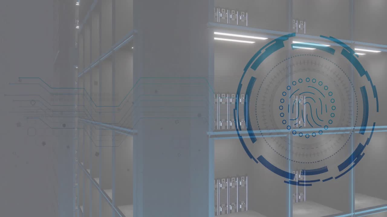 Animation of fingerprint icon in circle over moving data server systems in room