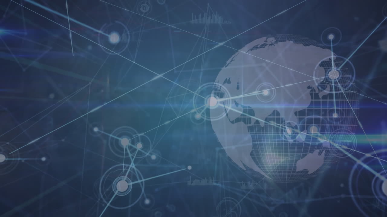 파란색 배경에 회전하는 지구 위에서 연결 네트워크와 데이터 처리의 애니메이션