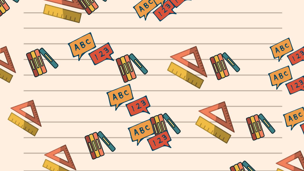 animación de los iconos de los artículos escolares que se mueven sobre un fondo blanco