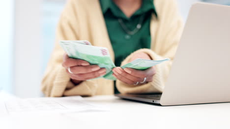 hands, accountant woman and cash in office