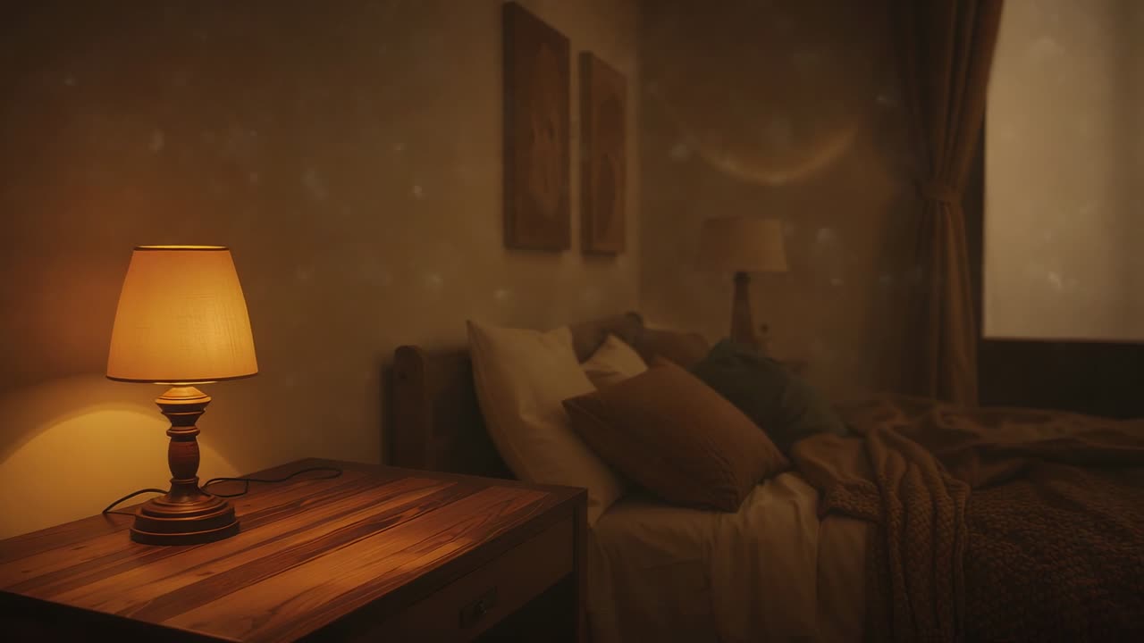 Opening camera initiating panning lit lamp nightstand revealing bed with sheets pillows, copy space