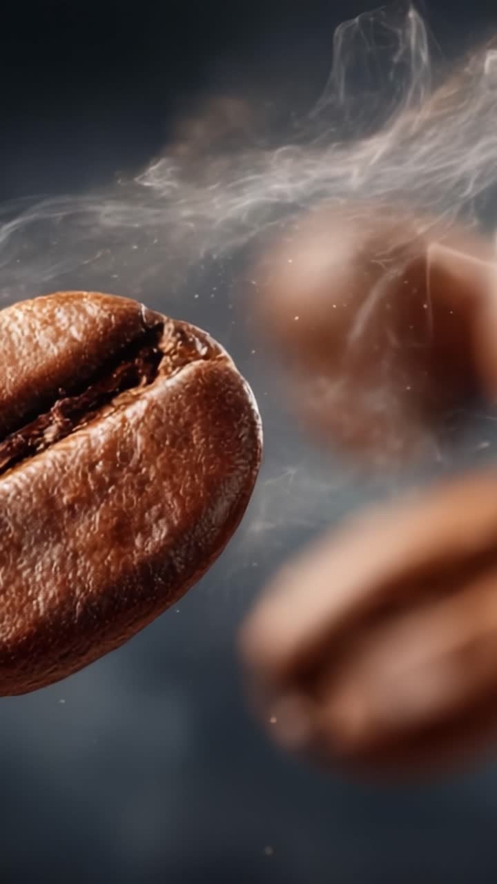 Granos de café aromáticos en movimiento: Capturando la esencia del café recién tostado, realzado por volutas de vapor y ricas texturas, invitando a los sentidos a experimentar el sabor.
