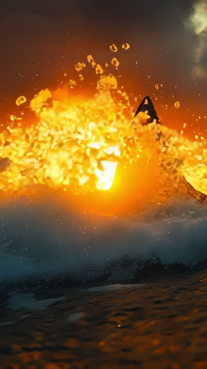 Shark leaps at sunset by shore. A shark leaps from the ocean waves as the sun sets, creating a dramatic silhouette against the colorful sky.